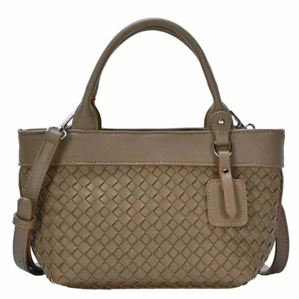 Woven crossbody/handbag, stone color vegan leather, adjustable strap, NWT